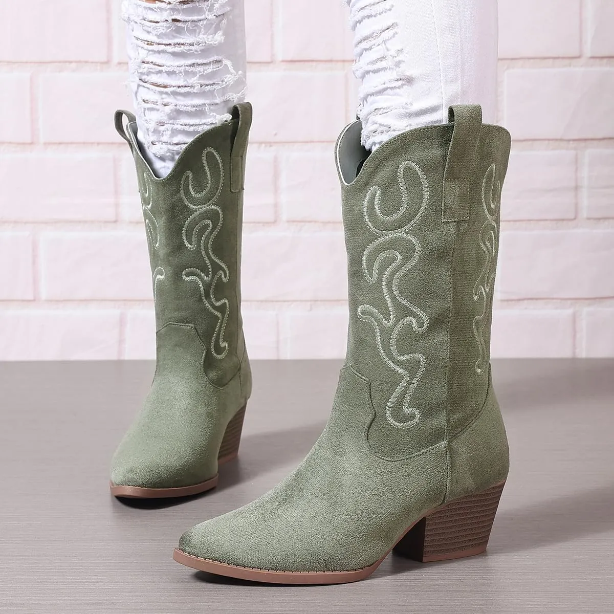 Bandkos Cowboy Boots for Women Cowgirl Mid Calf Western Boots Embroidered Stitched Pointed Toe Chunky Block Heel