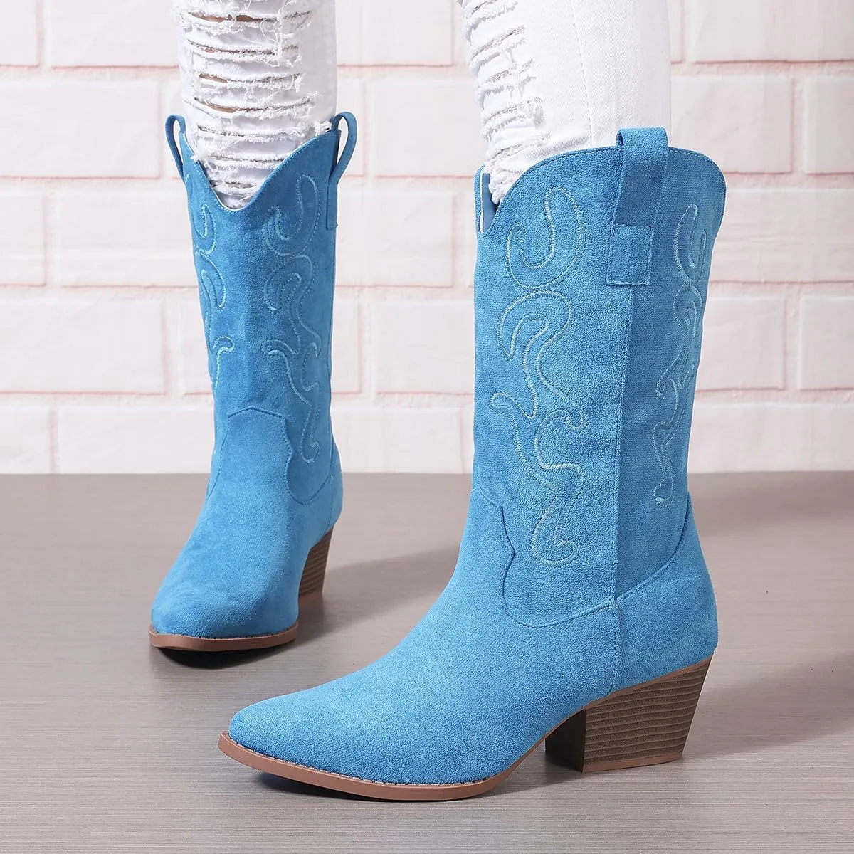 Bandkos Cowboy Boots for Women Cowgirl Mid Calf Western Boots Embroidered Stitched Pointed Toe Chunky Block Heel
