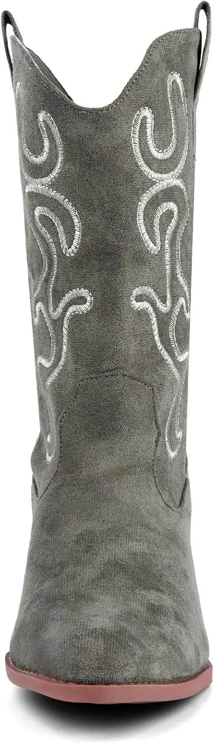 Bandkos Cowboy Boots for Women Cowgirl Mid Calf Western Boots Embroidered Stitched Pointed Toe Chunky Block Heel