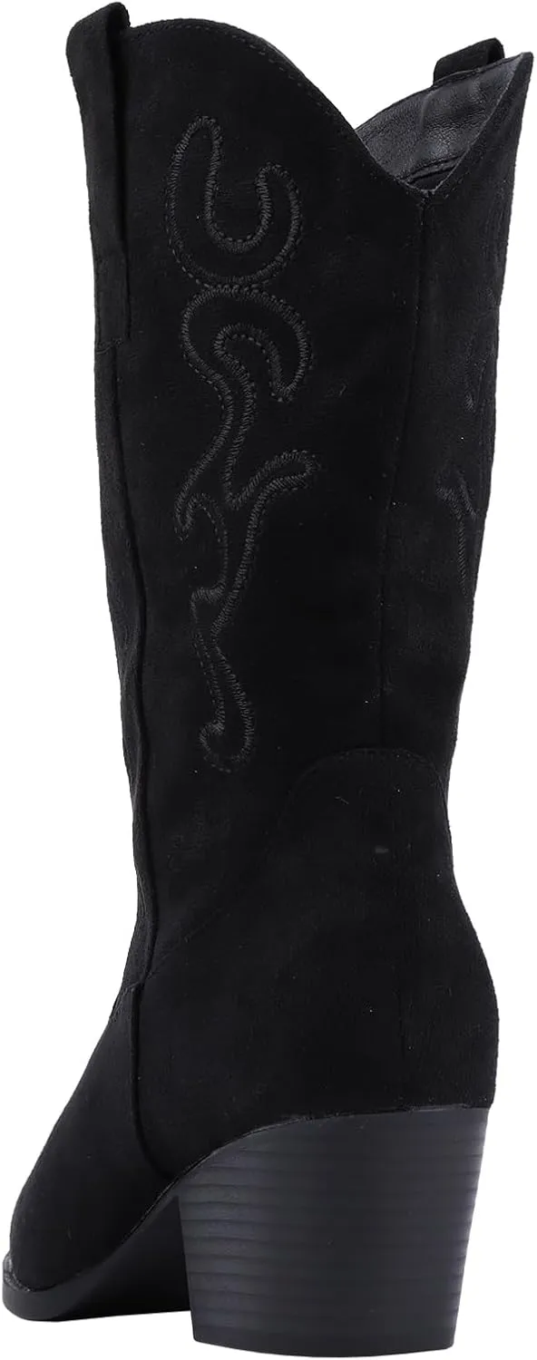Bandkos Cowboy Boots for Women Cowgirl Mid Calf Western Boots Embroidered Stitched Pointed Toe Chunky Block Heel