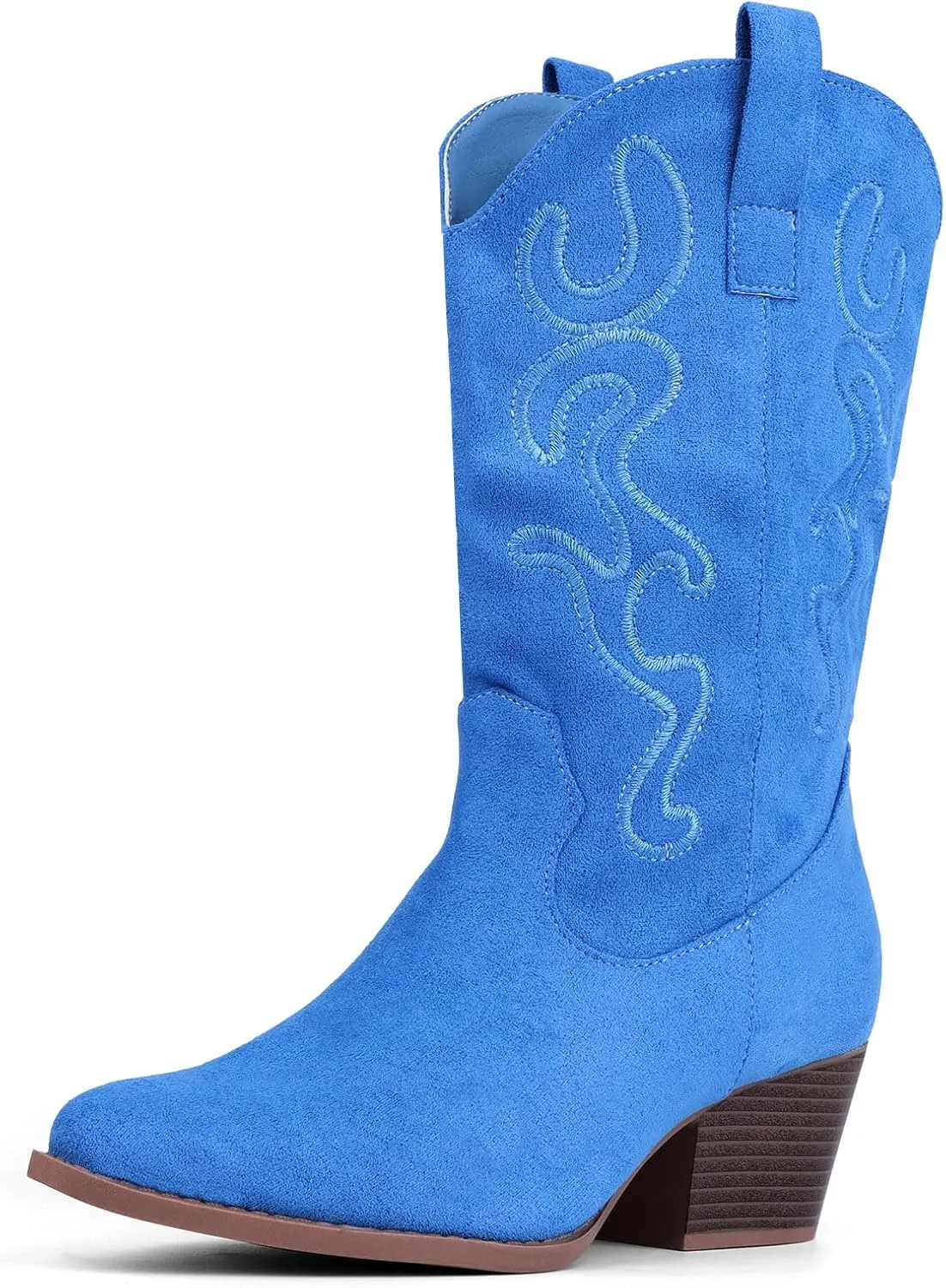 Bandkos Cowboy Boots for Women Cowgirl Mid Calf Western Boots Embroidered Stitched Pointed Toe Chunky Block Heel