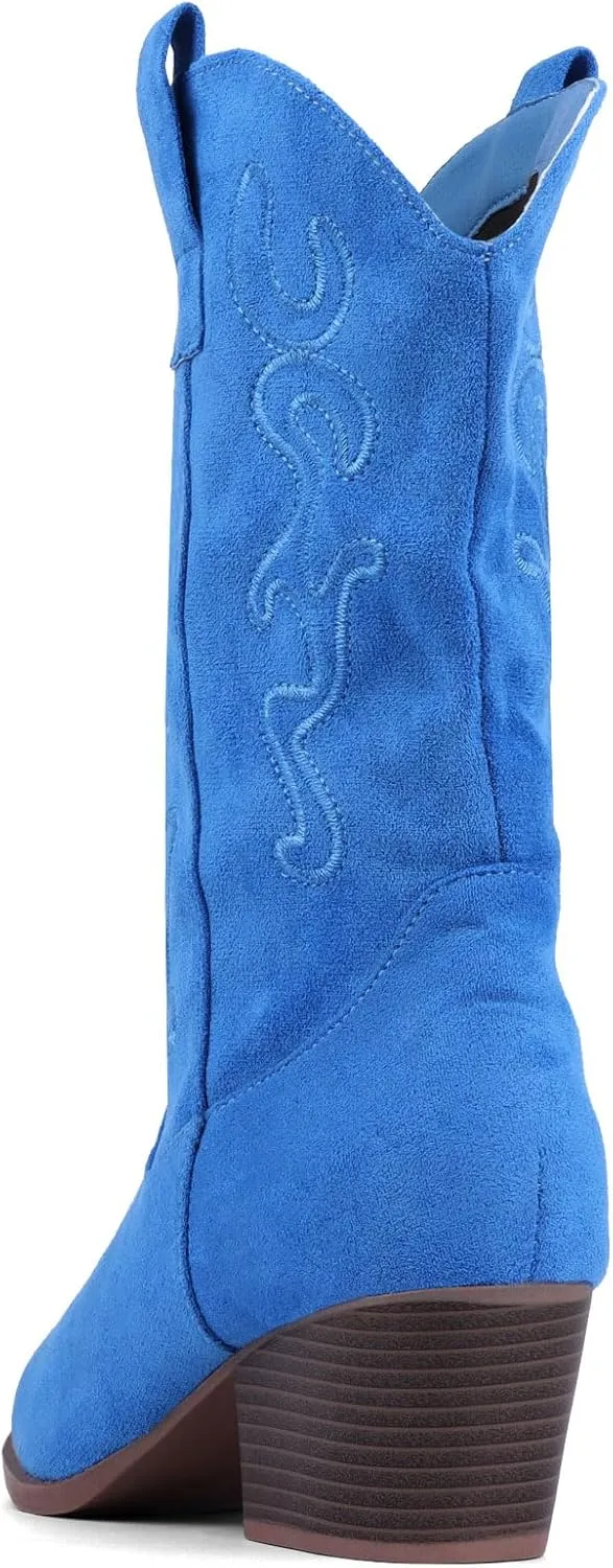 Bandkos Cowboy Boots for Women Cowgirl Mid Calf Western Boots Embroidered Stitched Pointed Toe Chunky Block Heel