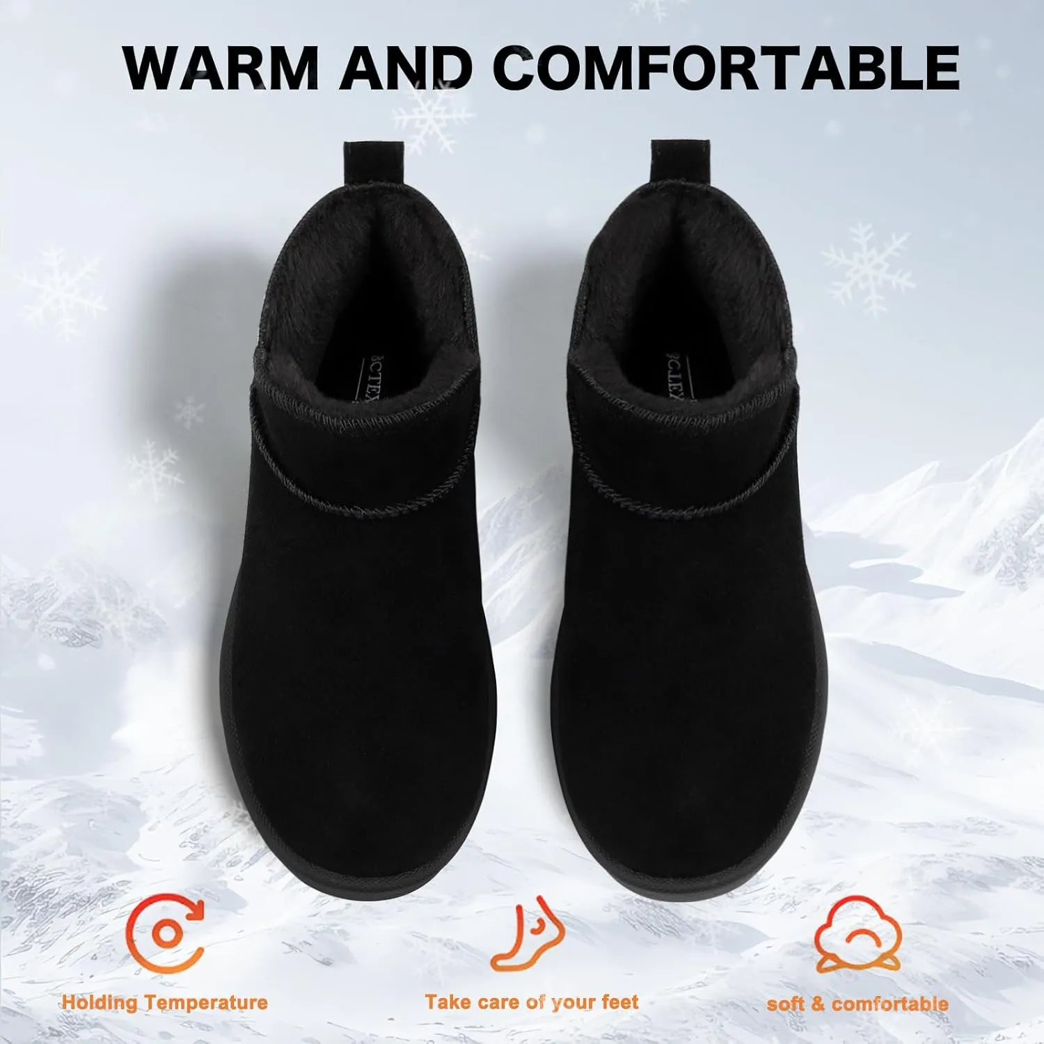 BCTEX COLL Women's Winter Snow Mini Boots Classic Faux Fur Lined Warm Short Slip On Ankle Boots Gift, Black, Chestnut, Beige