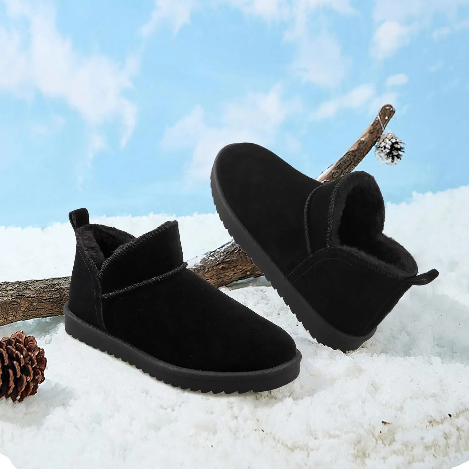 BCTEX COLL Women's Winter Snow Mini Boots Classic Faux Fur Lined Warm Short Slip On Ankle Boots Gift, Black, Chestnut, Beige