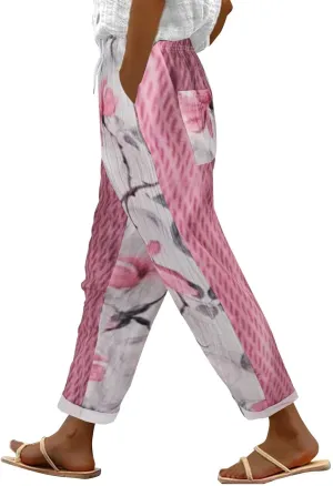 Beach Vacation s Women's Pants Pants Linen Outfit (Pink, L)
