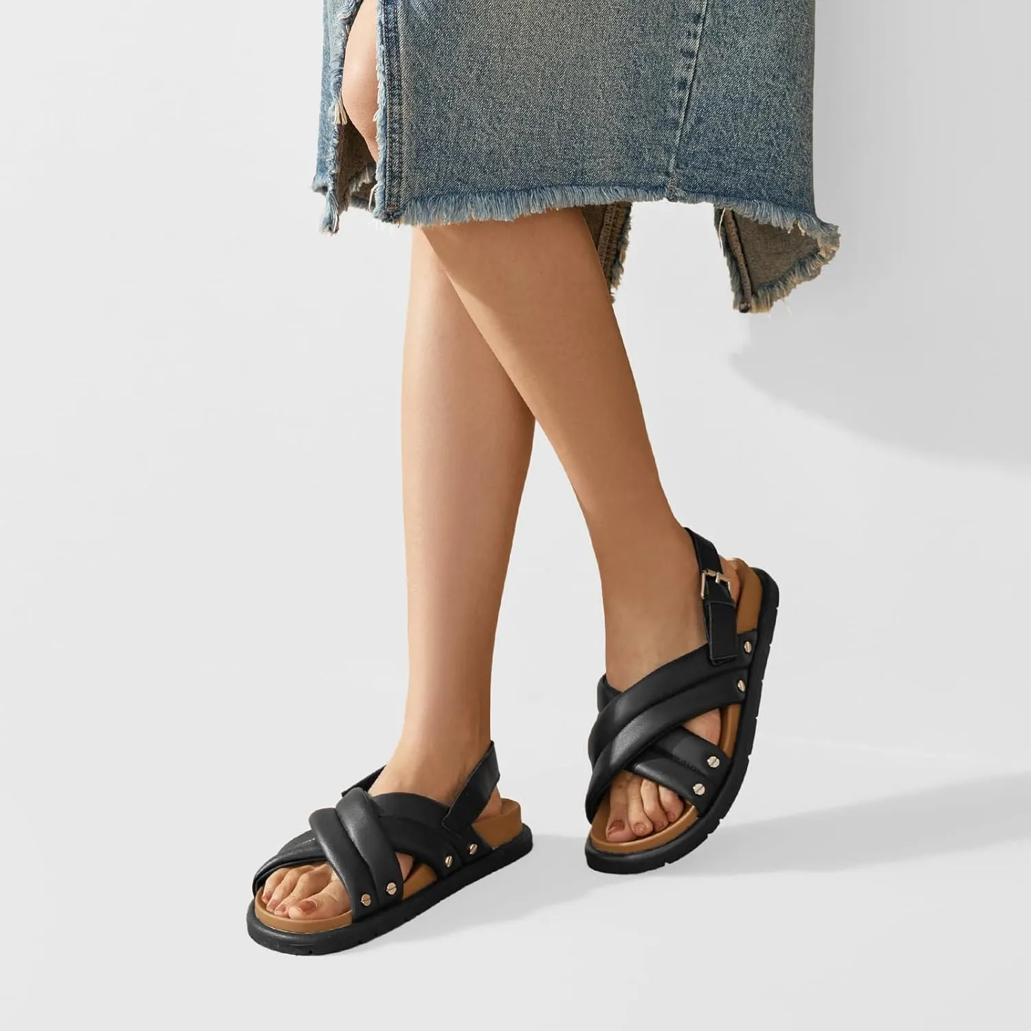 BEAU TODAY Flat Sandals for Women Leather Footbed Sandals for Women Comfort Slip on Crisscross Strappy Slides Wide Width Band Buckle Summer Beach Slides