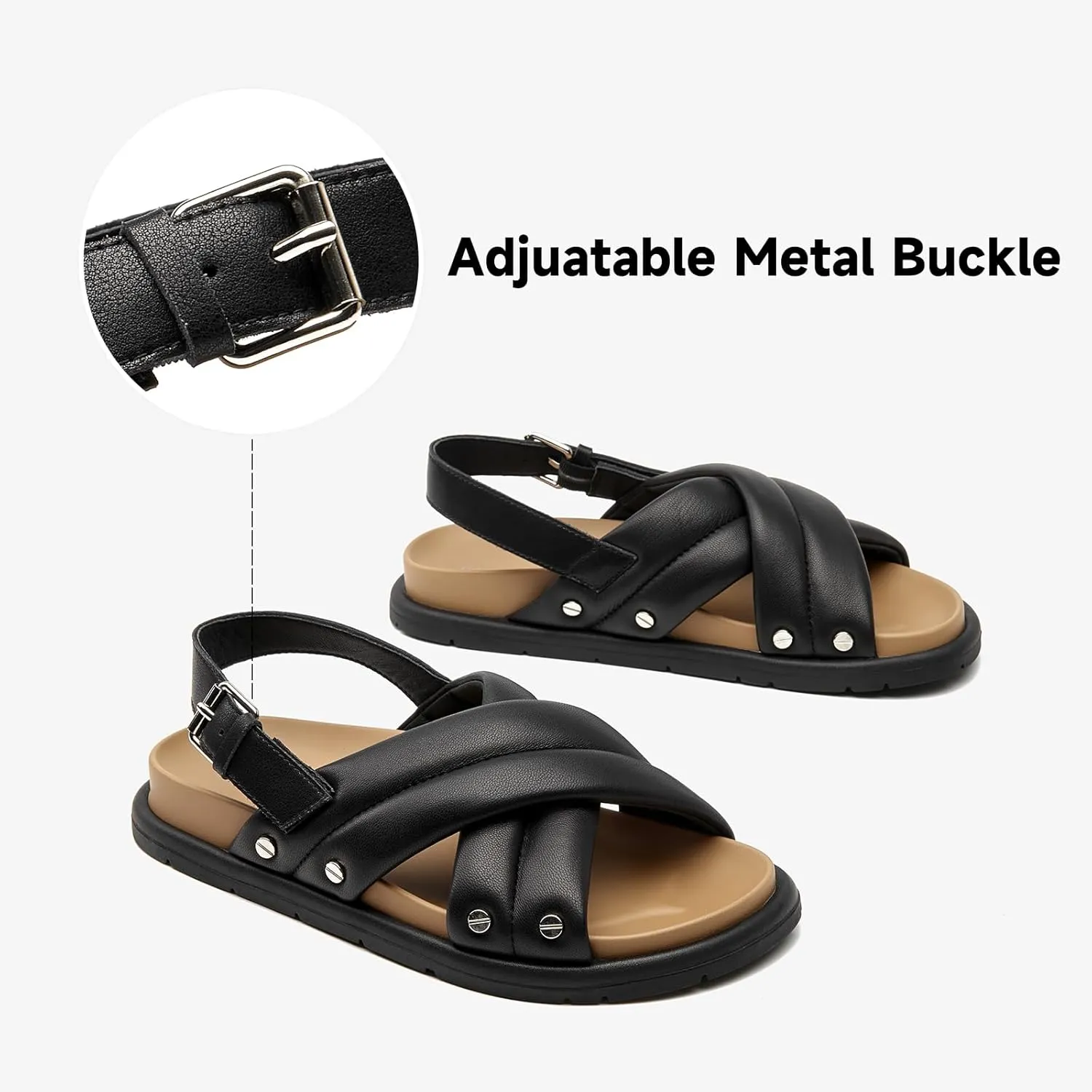 BEAU TODAY Flat Sandals for Women Leather Footbed Sandals for Women Comfort Slip on Crisscross Strappy Slides Wide Width Band Buckle Summer Beach Slides