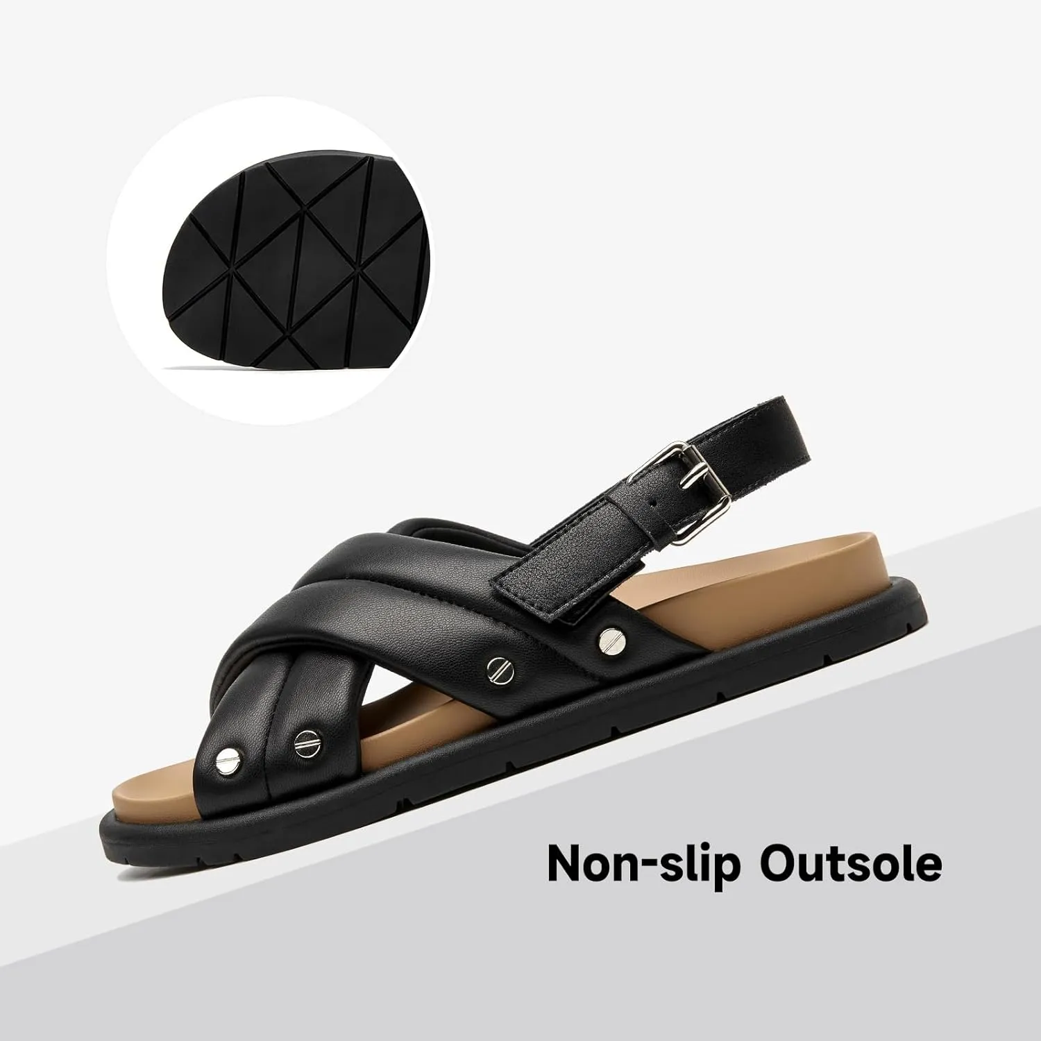 BEAU TODAY Flat Sandals for Women Leather Footbed Sandals for Women Comfort Slip on Crisscross Strappy Slides Wide Width Band Buckle Summer Beach Slides