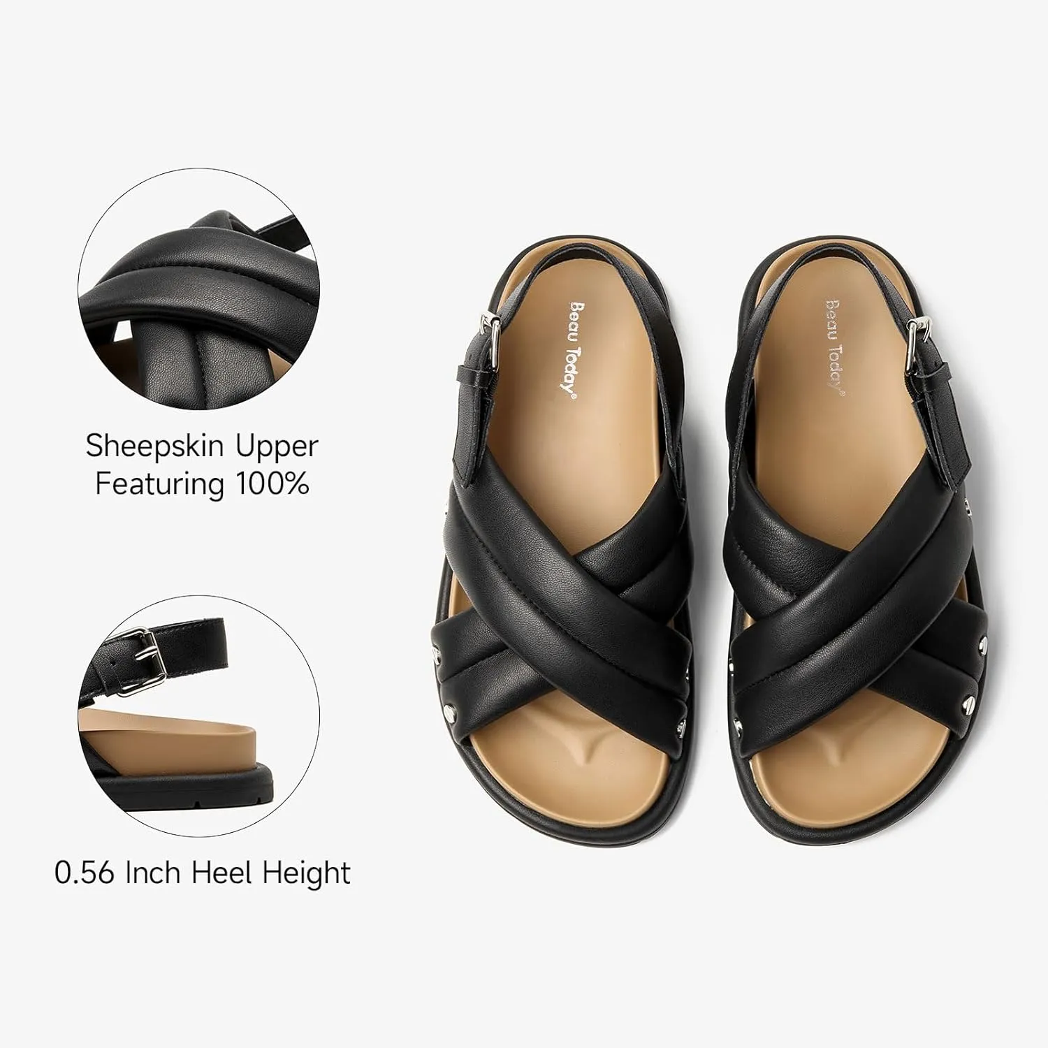 BEAU TODAY Flat Sandals for Women Leather Footbed Sandals for Women Comfort Slip on Crisscross Strappy Slides Wide Width Band Buckle Summer Beach Slides