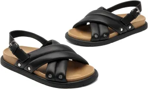 BEAU TODAY Flat Sandals for Women Leather Footbed Sandals for Women Comfort Slip on Crisscross Strappy Slides Wide Width Band Buckle Summer Beach Slides