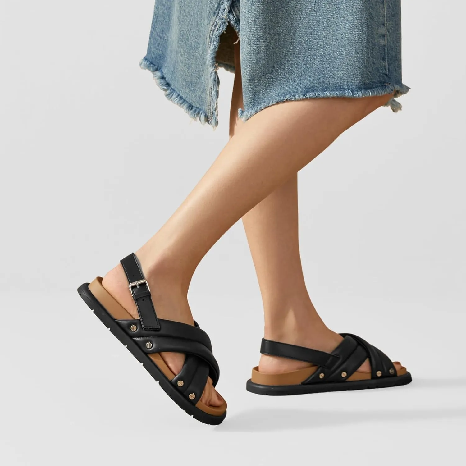 BEAU TODAY Flat Sandals for Women Leather Footbed Sandals for Women Comfort Slip on Crisscross Strappy Slides Wide Width Band Buckle Summer Beach Slides