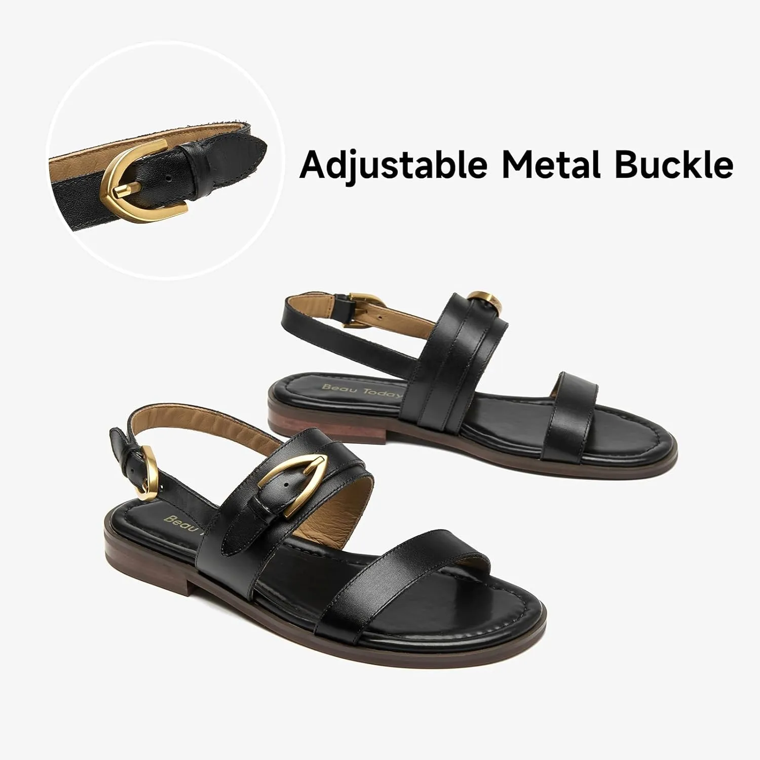 BEAU TODAY Flat Sandals for Women,Adjustable Strappy Sandals for Women,Summer Fashion Comfortable Open-Toe Wide Dress Leather Sandals for Vacation Hiking