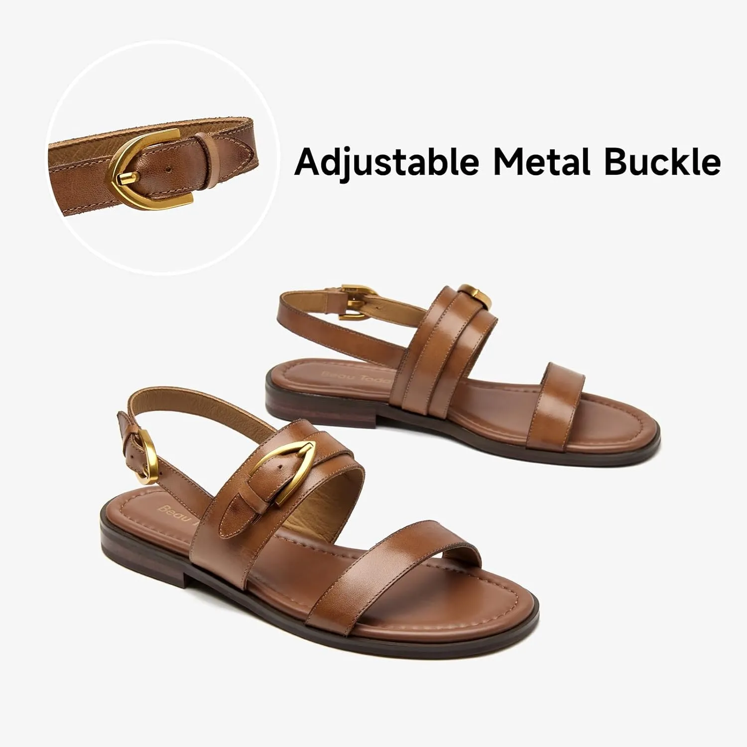 BEAU TODAY Flat Sandals for Women,Adjustable Strappy Sandals for Women,Summer Fashion Comfortable Open-Toe Wide Dress Leather Sandals for Vacation Hiking
