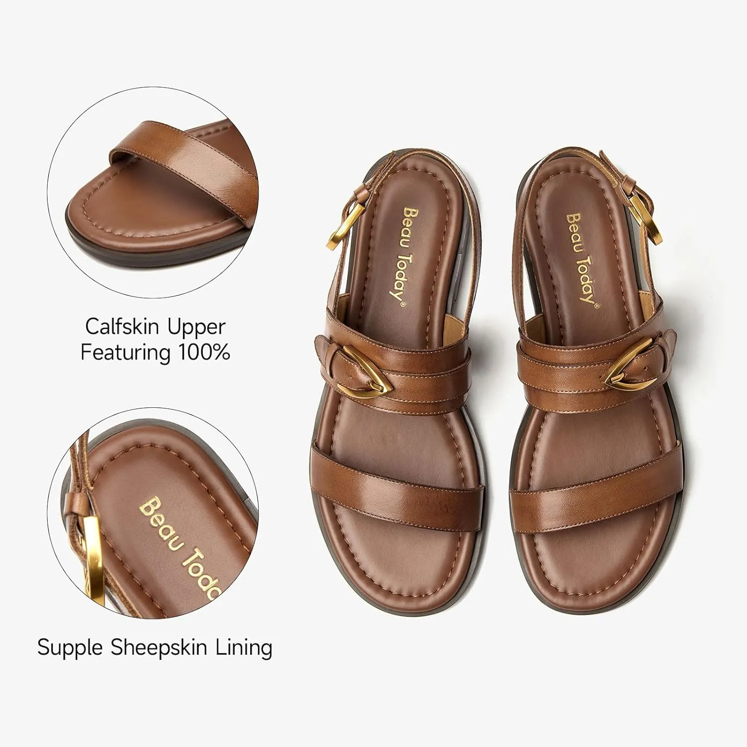BEAU TODAY Flat Sandals for Women,Adjustable Strappy Sandals for Women,Summer Fashion Comfortable Open-Toe Wide Dress Leather Sandals for Vacation Hiking