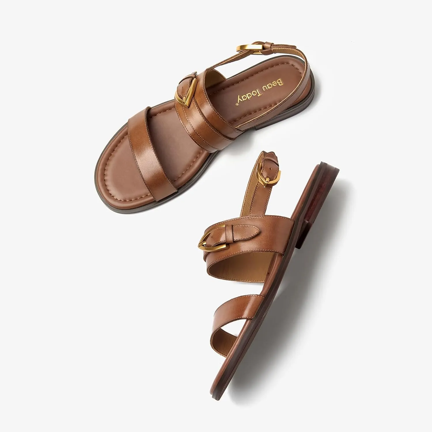 BEAU TODAY Flat Sandals for Women,Adjustable Strappy Sandals for Women,Summer Fashion Comfortable Open-Toe Wide Dress Leather Sandals for Vacation Hiking