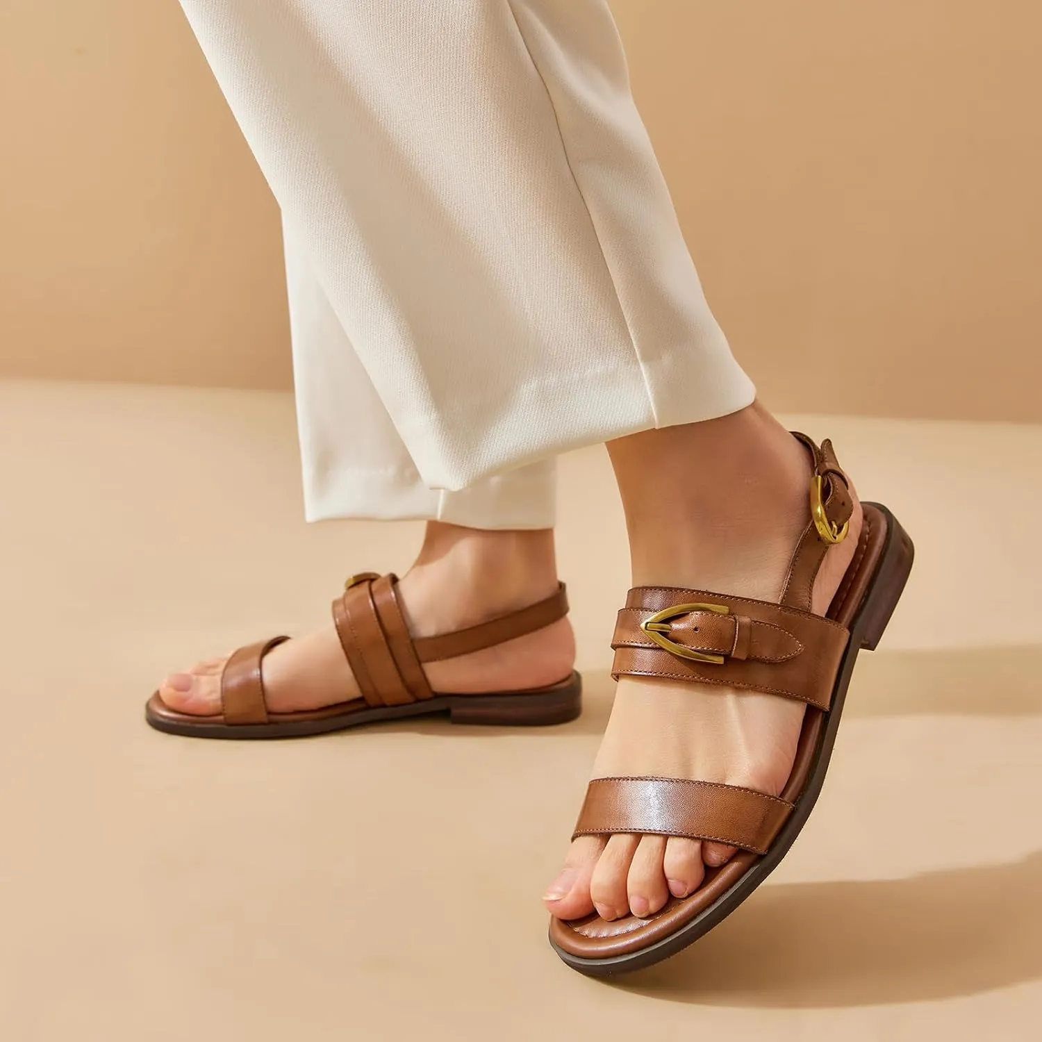 BEAU TODAY Flat Sandals for Women,Adjustable Strappy Sandals for Women,Summer Fashion Comfortable Open-Toe Wide Dress Leather Sandals for Vacation Hiking