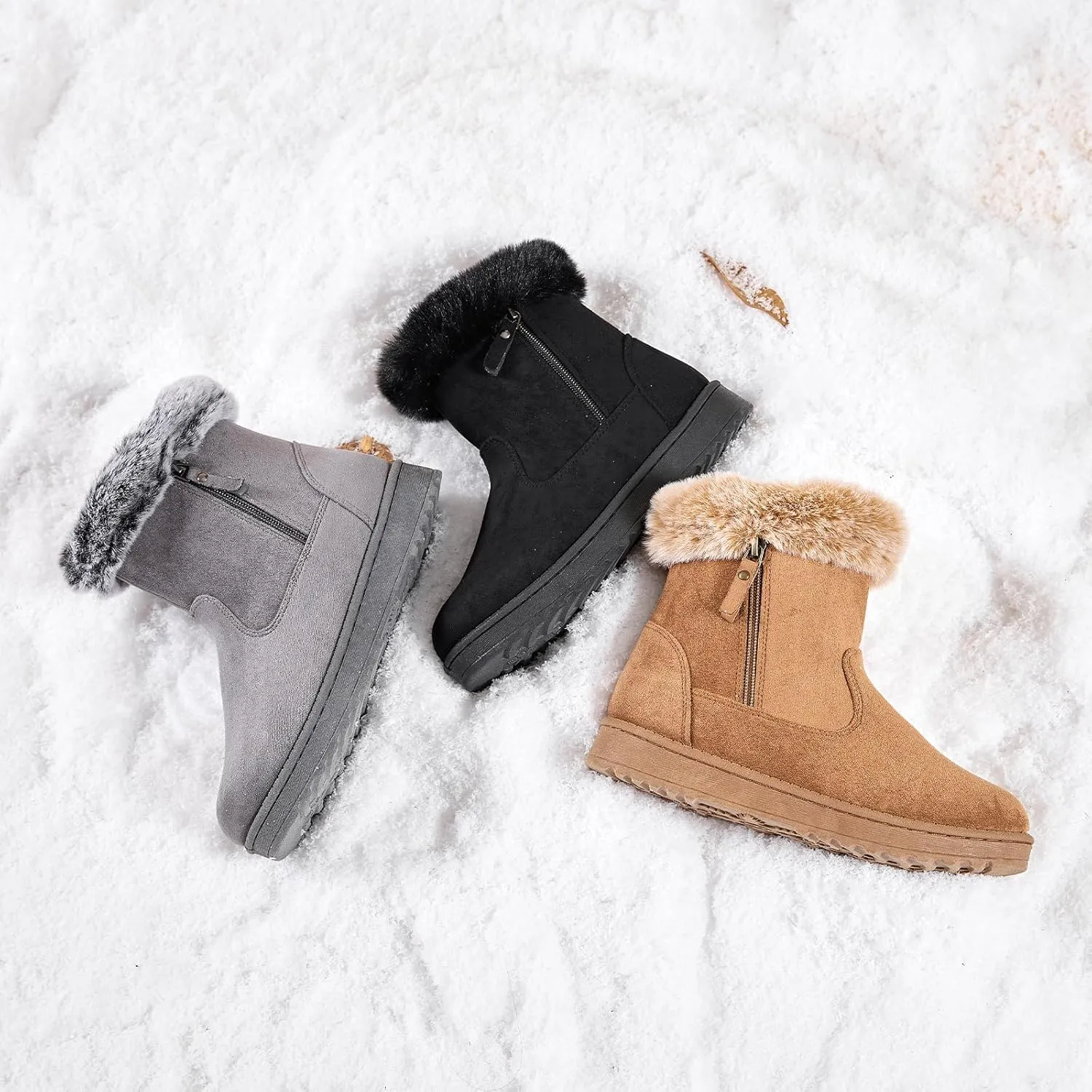 BENPAO Women's Winter Snow Boots - Fuzzy Mini Short Suede Ankle Booties with Zipper
