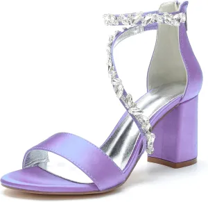Block Heel Bride Shoes Ankle Strap Women's Pump Zipper Back Bridal Wedding Rhinestones Open Toe Sandal Prom Party Adjustable Bridesmaids