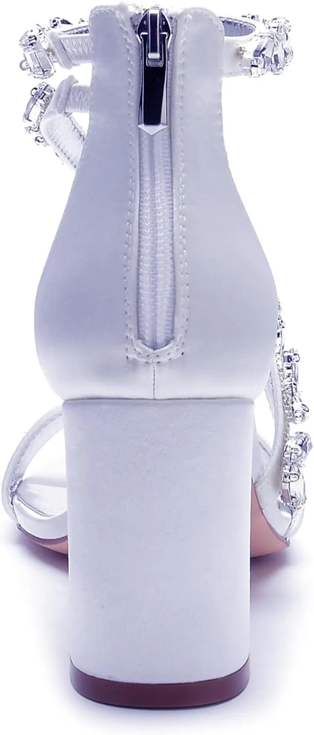 Block Heel Bride Shoes Ankle Strap Women's Pump Zipper Back Bridal Wedding Rhinestones Open Toe Sandal Prom Party Adjustable Bridesmaids