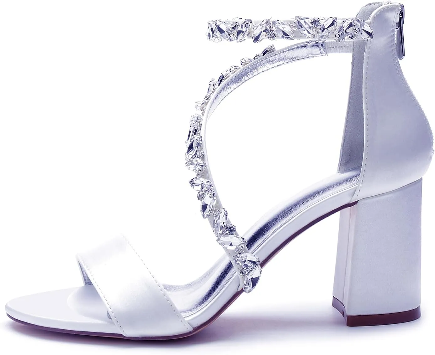 Block Heel Bride Shoes Ankle Strap Women's Pump Zipper Back Bridal Wedding Rhinestones Open Toe Sandal Prom Party Adjustable Bridesmaids