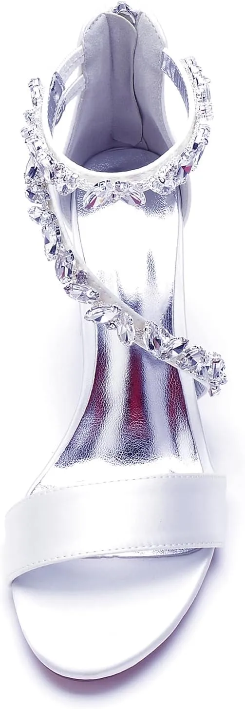 Block Heel Bride Shoes Ankle Strap Women's Pump Zipper Back Bridal Wedding Rhinestones Open Toe Sandal Prom Party Adjustable Bridesmaids
