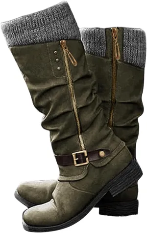 Boots For Women Wide Calf Winter Mid Calf Military Combat Boots Side Zipper Low Heel Biker Motorcycle Riding Dress Boots