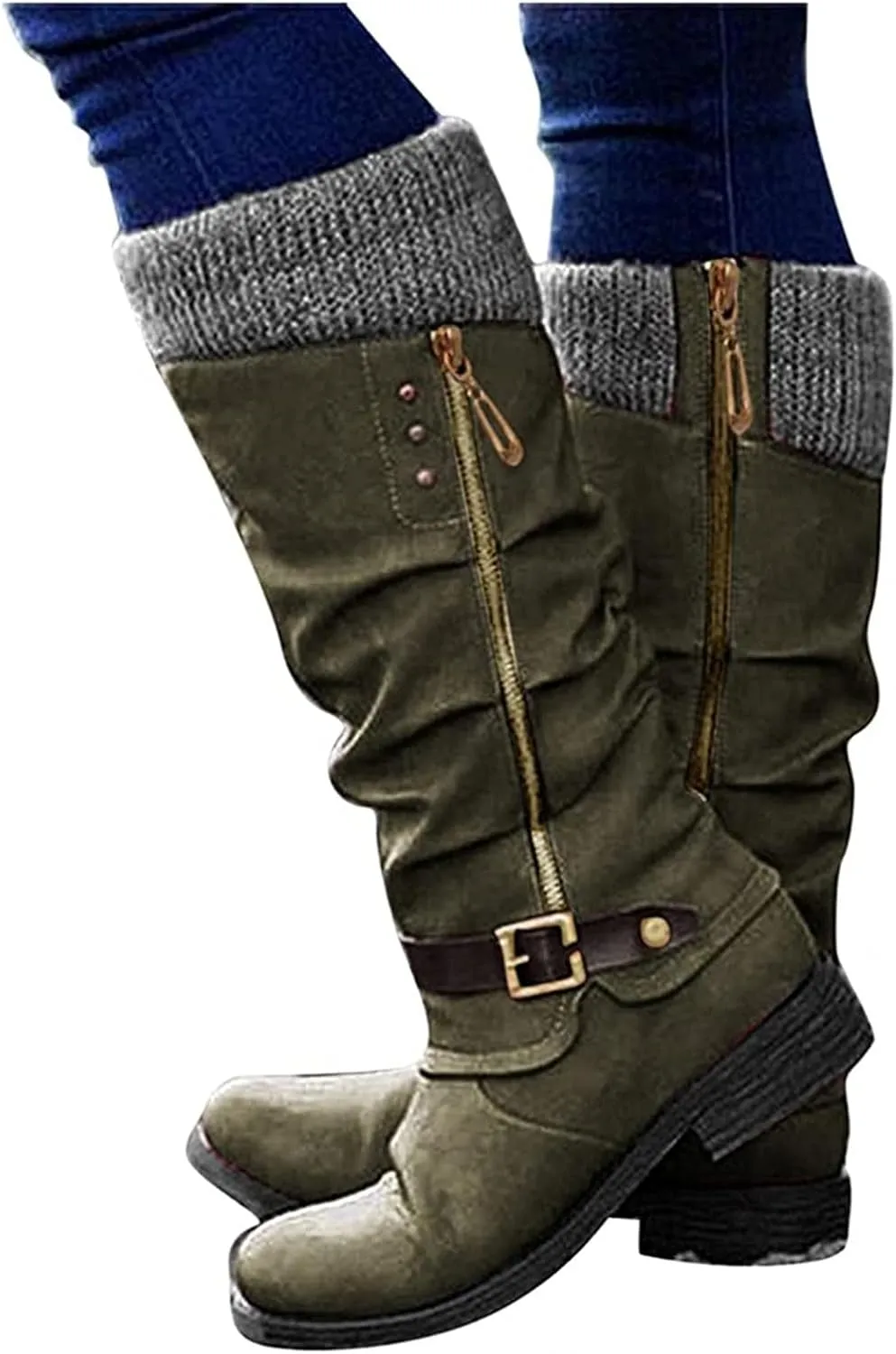 Boots For Women Wide Calf Winter Mid Calf Military Combat Boots Side Zipper Low Heel Biker Motorcycle Riding Dress Boots
