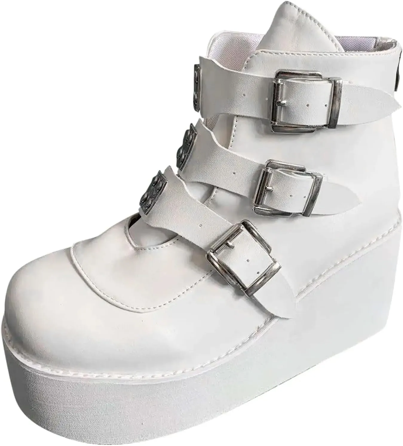 BORAMAX Women Platform Chunky Ankle Boots Punk Mid Calf For Women Zip Wedges High Heels Rave Buckle Thick Sole Goth Booties