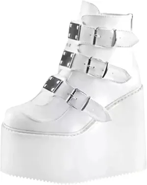 BORAMAX Women Platform Chunky Ankle Boots Punk Mid Calf For Women Zip Wedges High Heels Rave Buckle Thick Sole Goth Booties