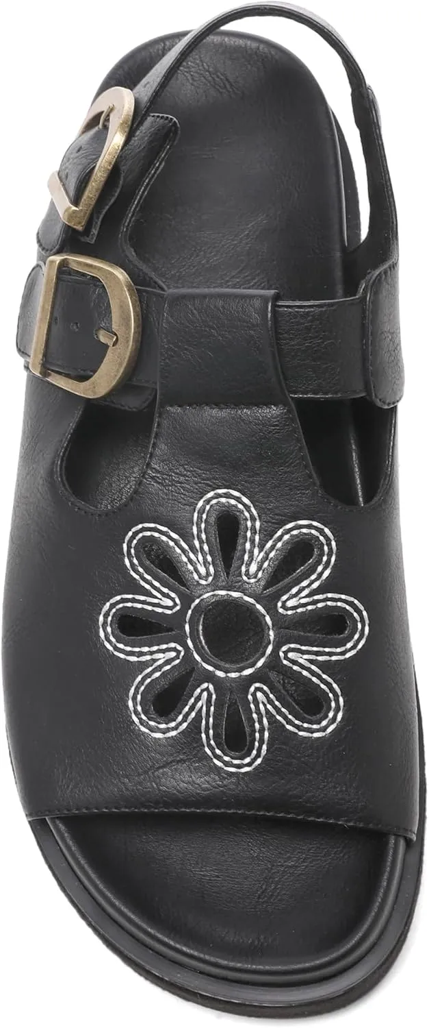 Brown Flower Platform Sandals for Women with Adjustable Buckle Back Strap Comfort Summer Open Toe Slip on Slingback T-Strap Beach Sandals.