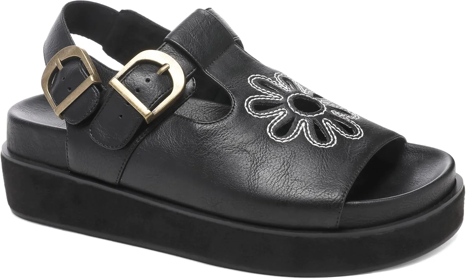 Brown Flower Platform Sandals for Women with Adjustable Buckle Back Strap Comfort Summer Open Toe Slip on Slingback T-Strap Beach Sandals.