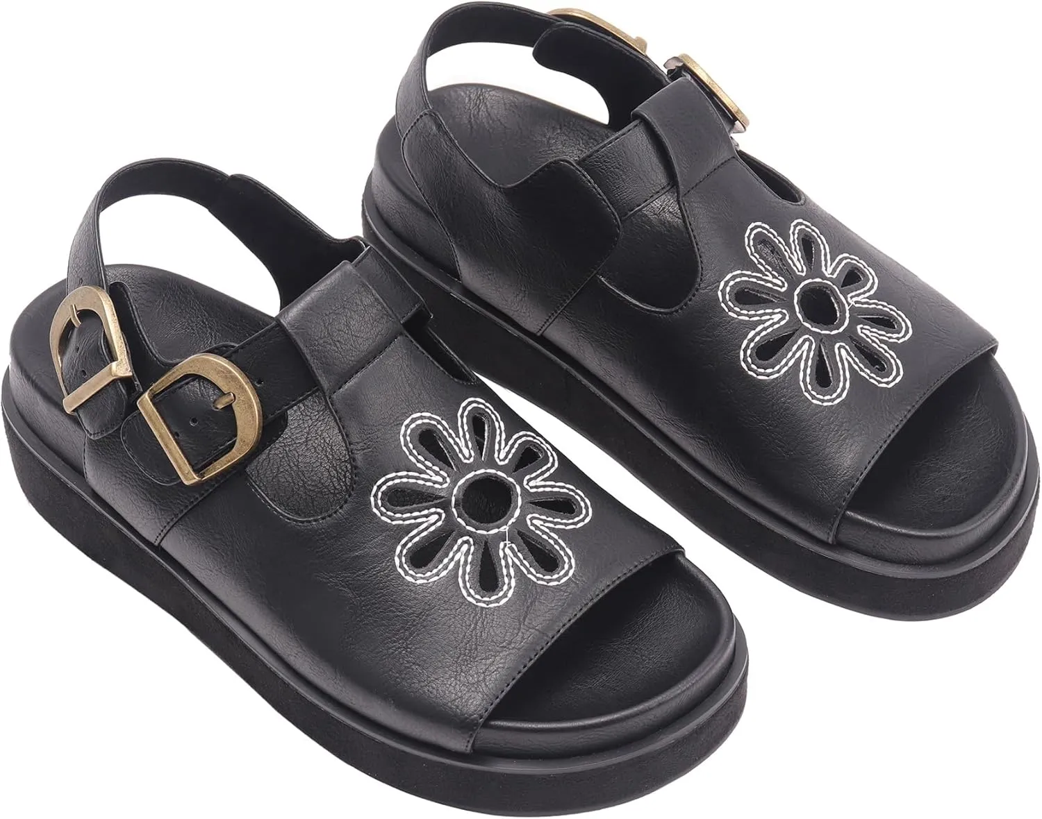 Brown Flower Platform Sandals for Women with Adjustable Buckle Back Strap Comfort Summer Open Toe Slip on Slingback T-Strap Beach Sandals.