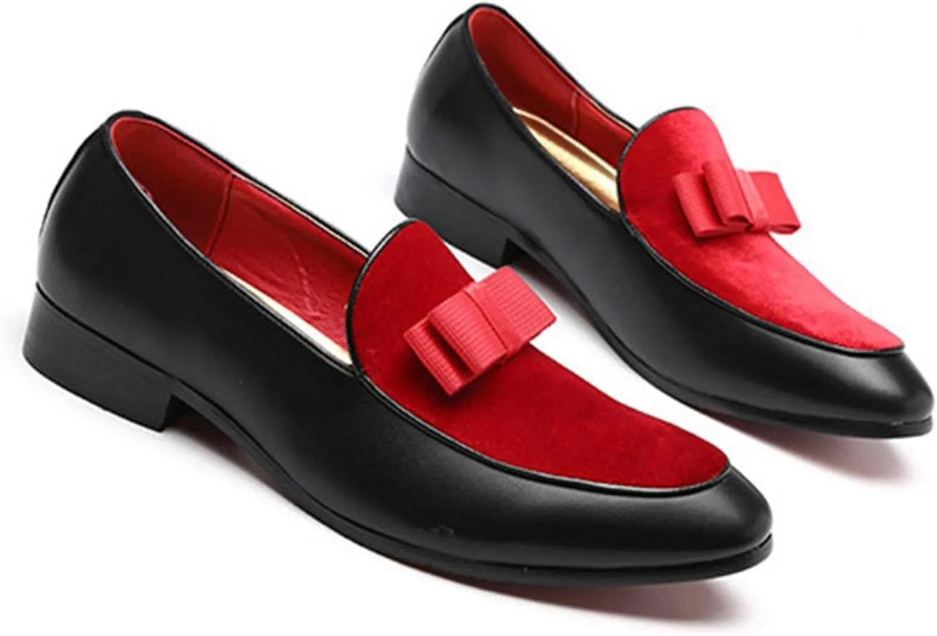 ByErz Men's Leather Loafers Formal Dress Shoes Banquet with Bowtie Penny Flats Slip-On Smoking Slippers Black