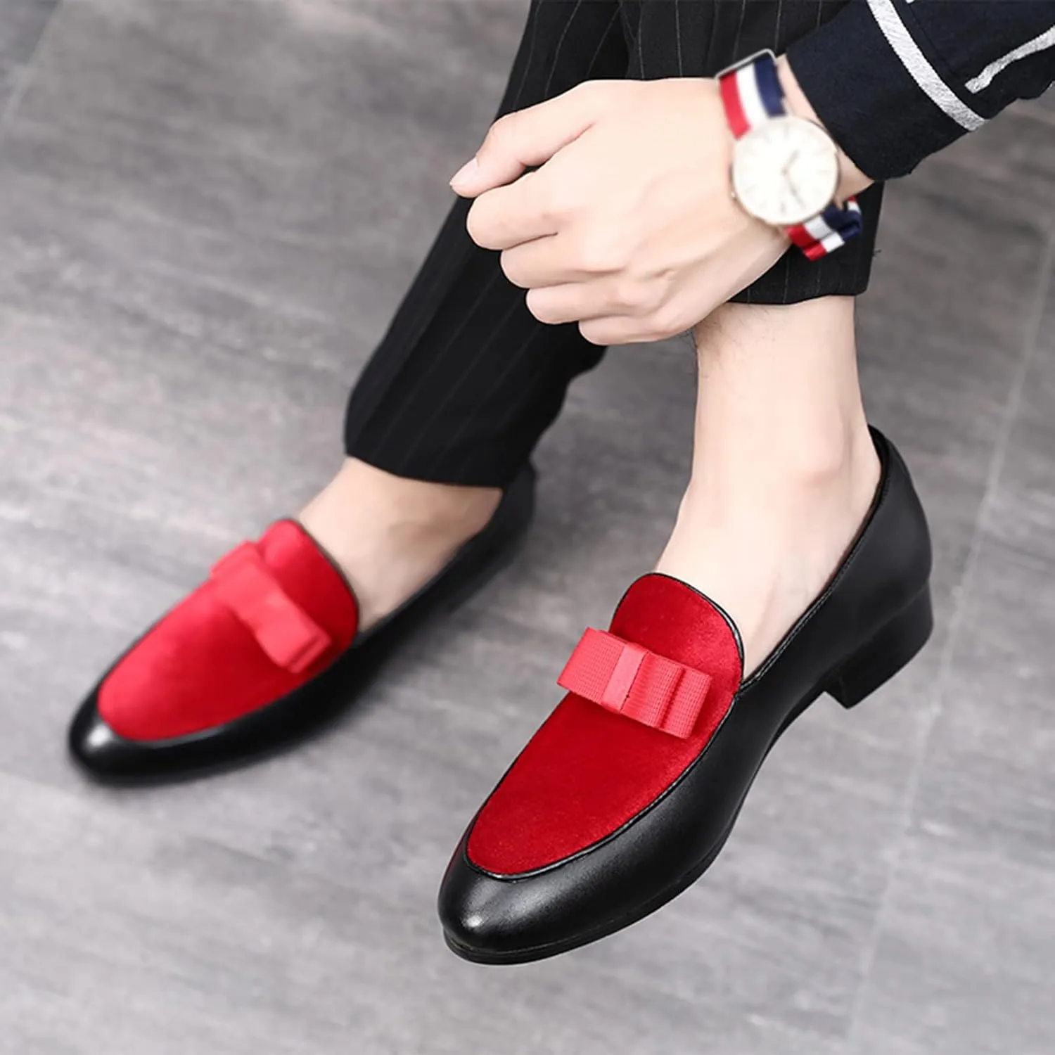 ByErz Men's Leather Loafers Formal Dress Shoes Banquet with Bowtie Penny Flats Slip-On Smoking Slippers Black