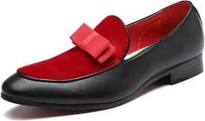 ByErz Men's Leather Loafers Formal Dress Shoes Banquet with Bowtie Penny Flats Slip-On Smoking Slippers Black