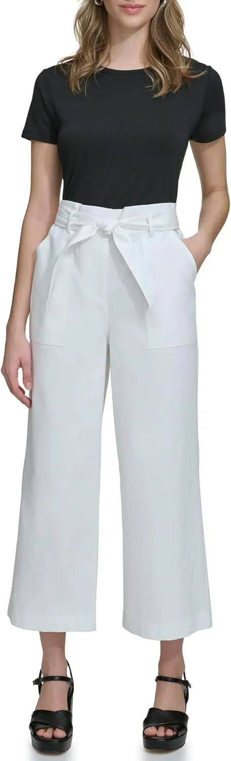 Calvin Klein Women's Woven Cropped Wide Leg Pant with Belt
