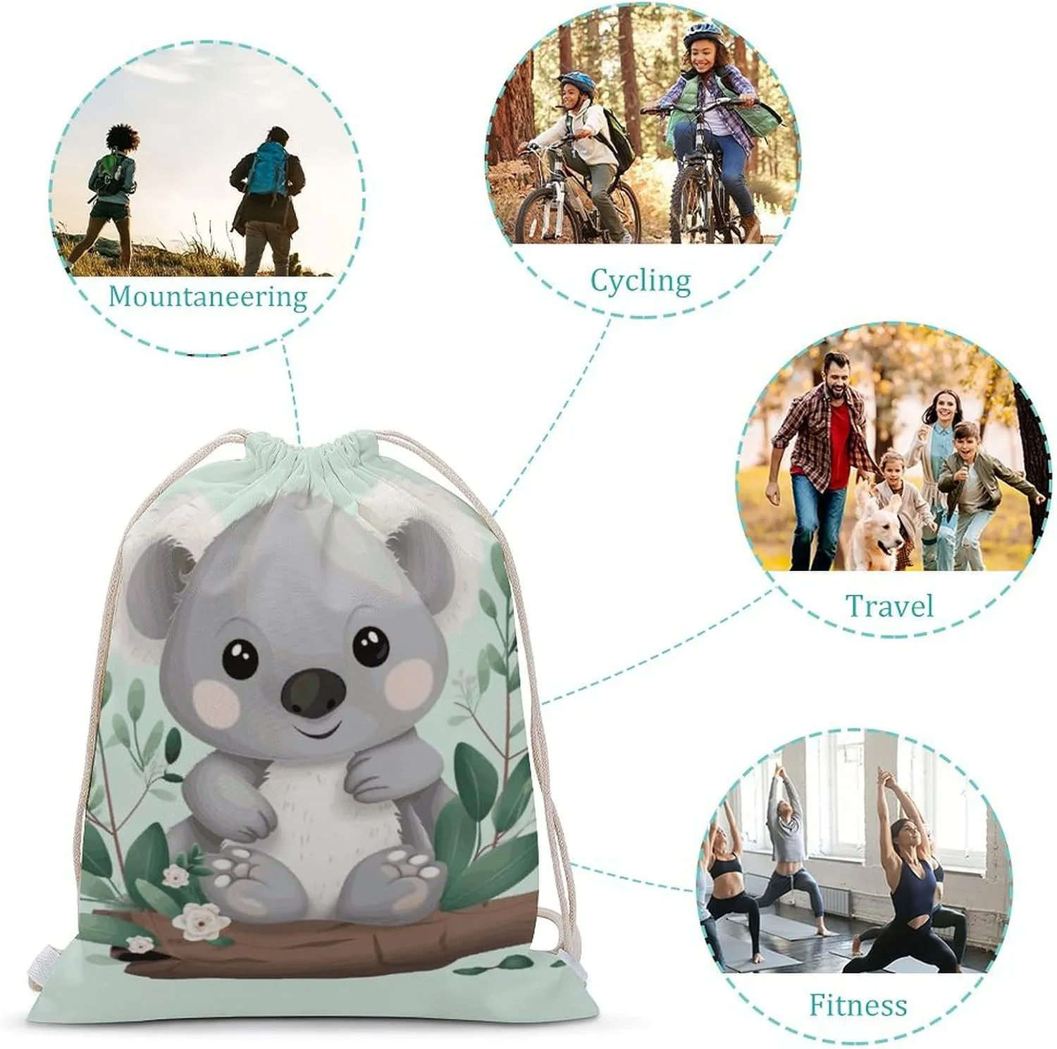 Canvas Drawstring Backpack, Koala Drawstring Sport Gym Bags for Travel, Work, Yoga & Daily Use
