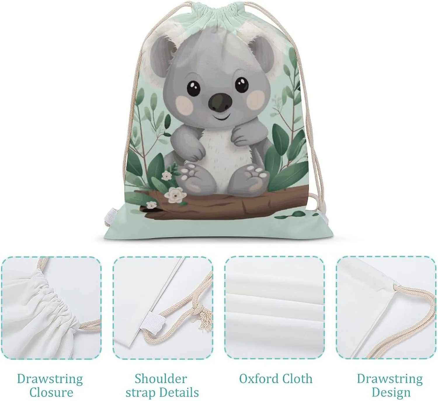 Canvas Drawstring Backpack, Koala Drawstring Sport Gym Bags for Travel, Work, Yoga & Daily Use