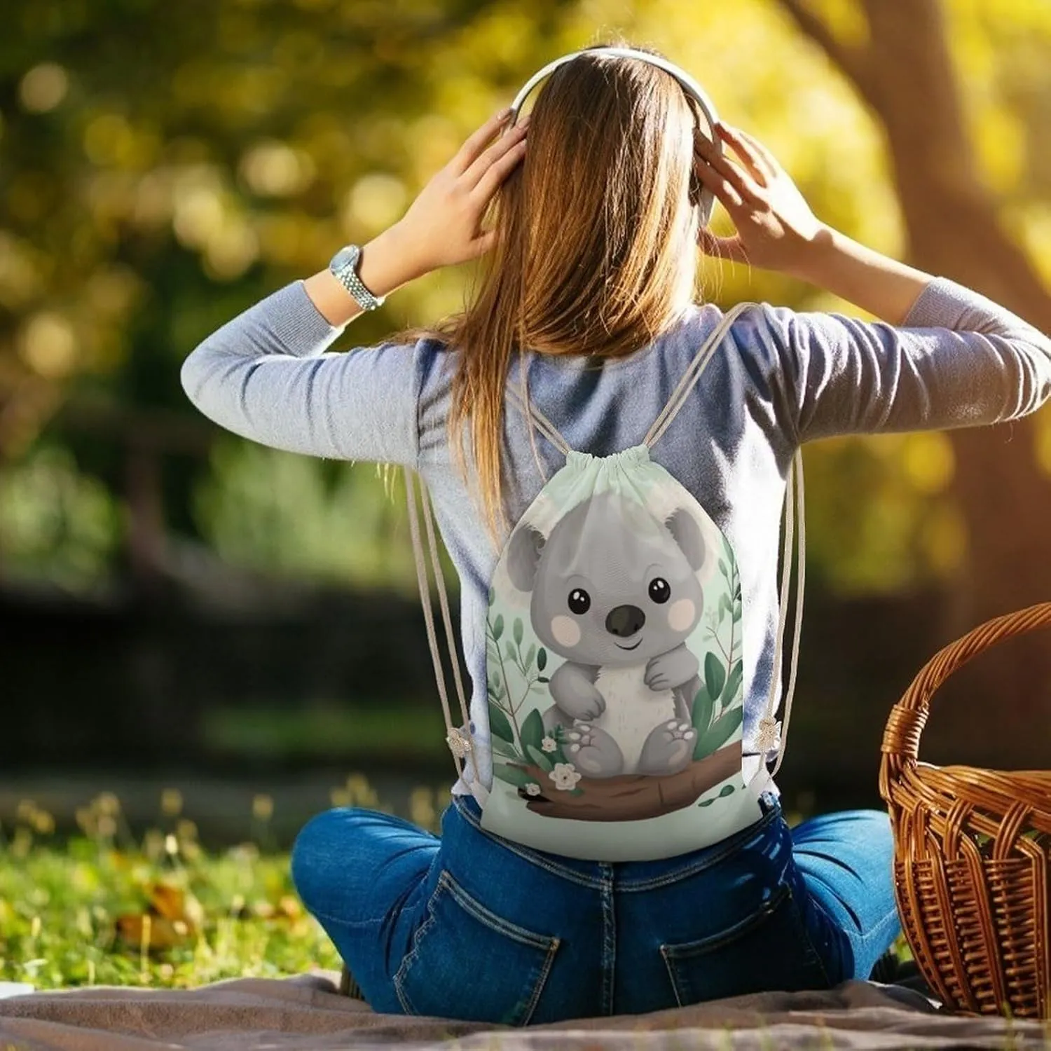 Canvas Drawstring Backpack, Koala Drawstring Sport Gym Bags for Travel, Work, Yoga & Daily Use