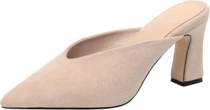 Caradise Womens Faux Suede Pointed Toe Chunky Heeled Mules Backless Loafers