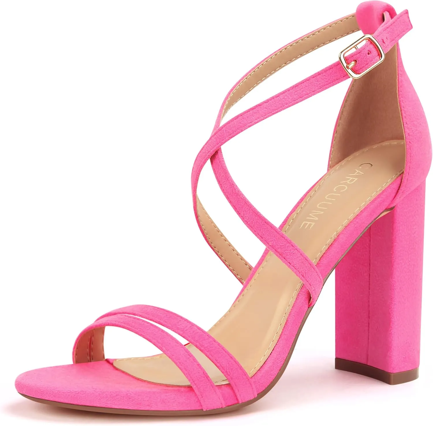 Carcuume Women's Strappy Heels 4-inch Chunky Block Heel Open Toe Ankle Strap Comfortable Party Wedding Shoes