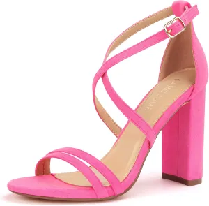 Carcuume Women's Strappy Heels 4-inch Chunky Block Heel Open Toe Ankle Strap Comfortable Party Wedding Shoes