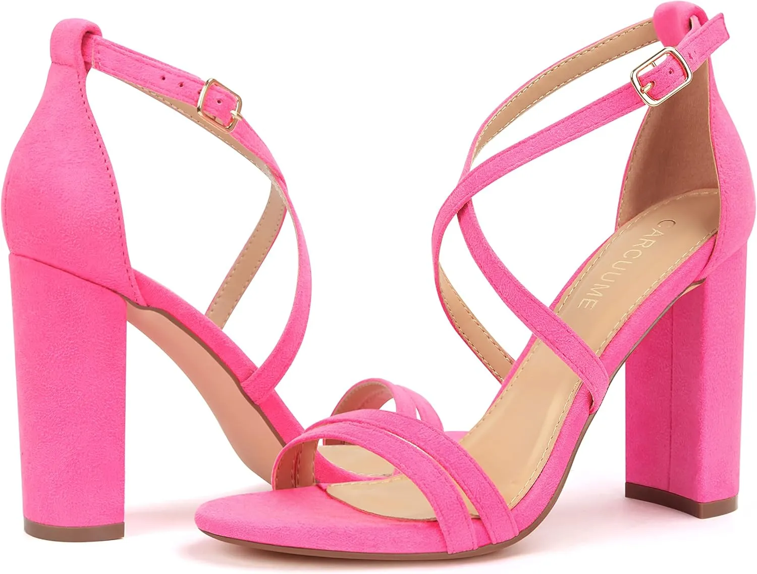 Carcuume Women's Strappy Heels 4-inch Chunky Block Heel Open Toe Ankle Strap Comfortable Party Wedding Shoes