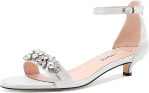Castamere Womens Low Kitten Heel Open Toe Sandals Ankle Strap Rhinestone Crystal Wedding Dress Satin 1.2 Inches Heels