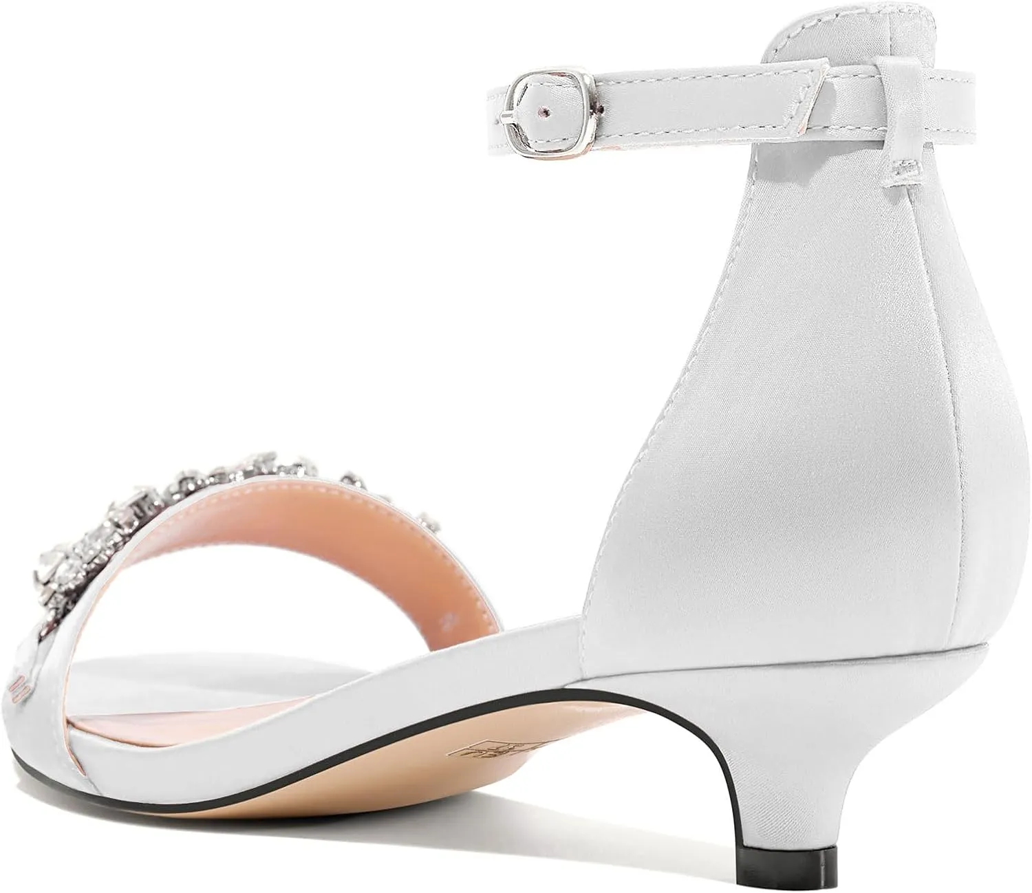 Castamere Womens Low Kitten Heel Open Toe Sandals Ankle Strap Rhinestone Crystal Wedding Dress Satin 1.2 Inches Heels