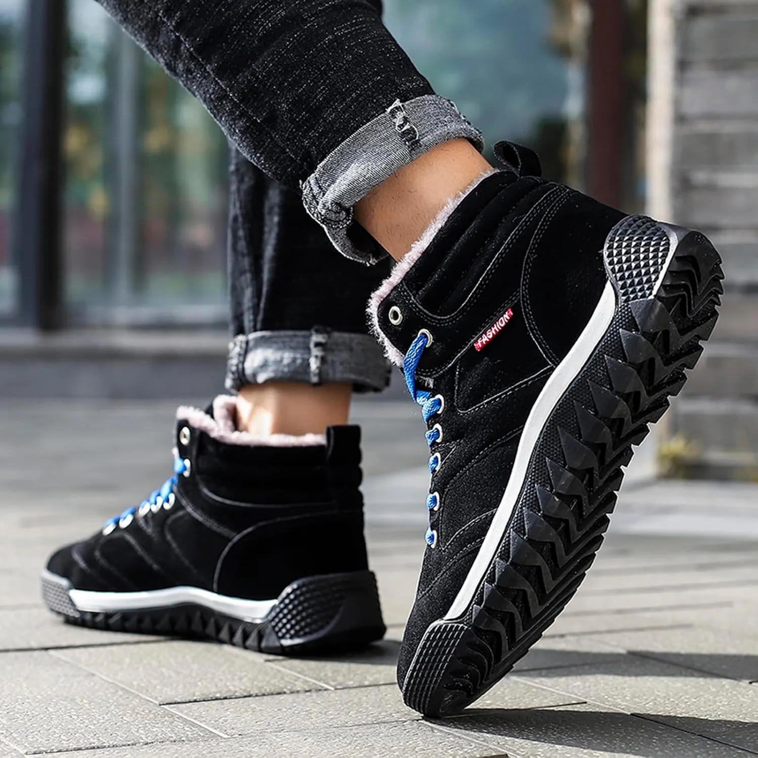 CERYTHRINA Men's Leather Snow Boots Waterproof Fur Lined Lace Up Ankle Sneakers High Top Winter Shoes