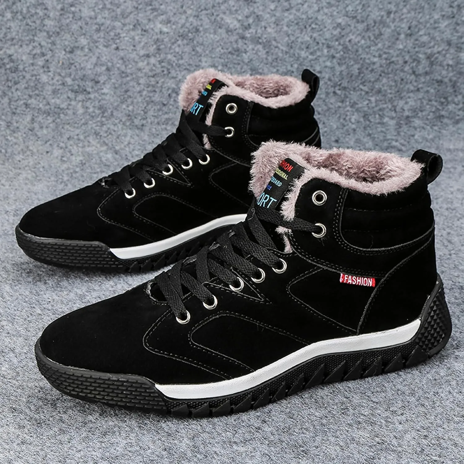 CERYTHRINA Men's Leather Snow Boots Waterproof Fur Lined Lace Up Ankle Sneakers High Top Winter Shoes