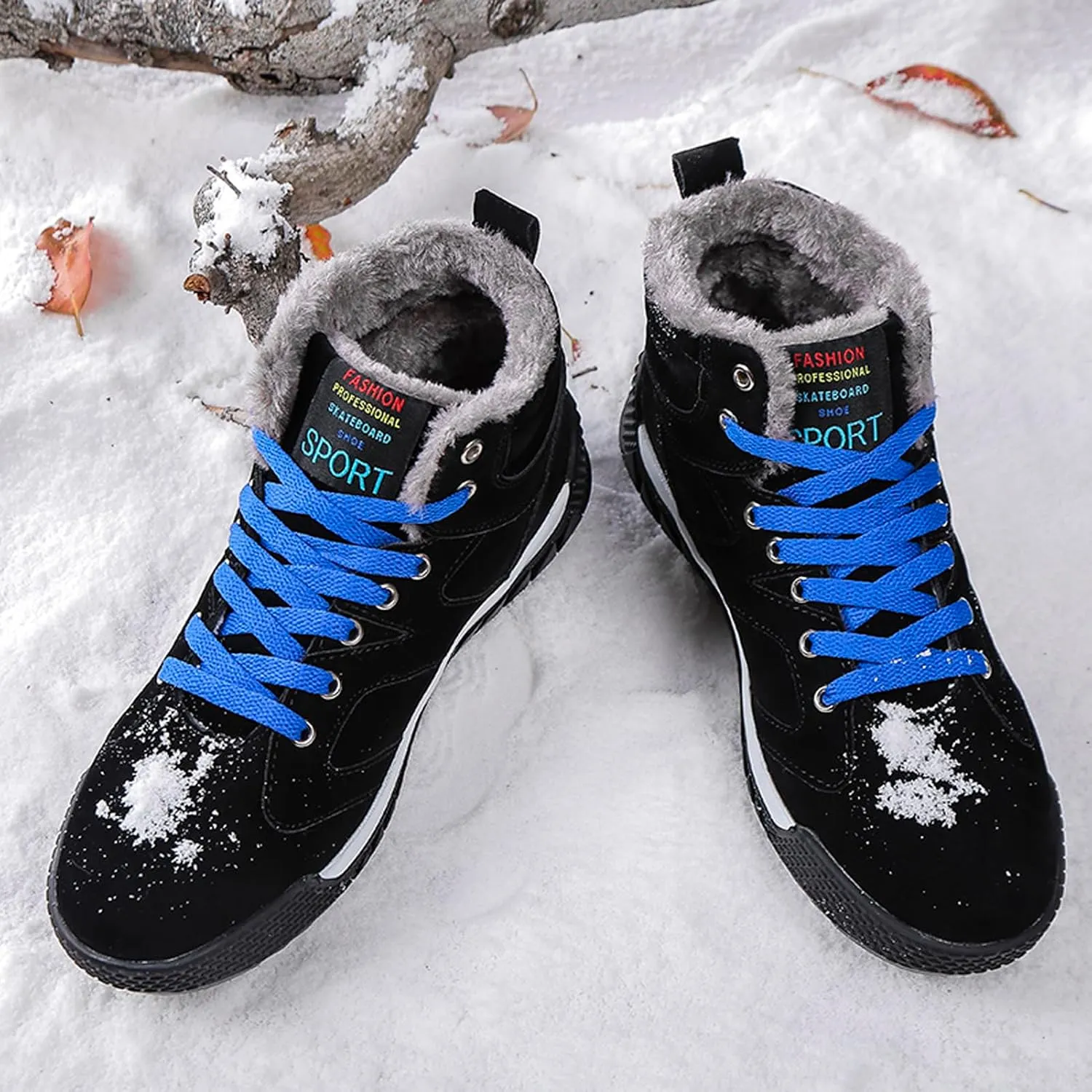 CERYTHRINA Men's Leather Snow Boots Waterproof Fur Lined Lace Up Ankle Sneakers High Top Winter Shoes