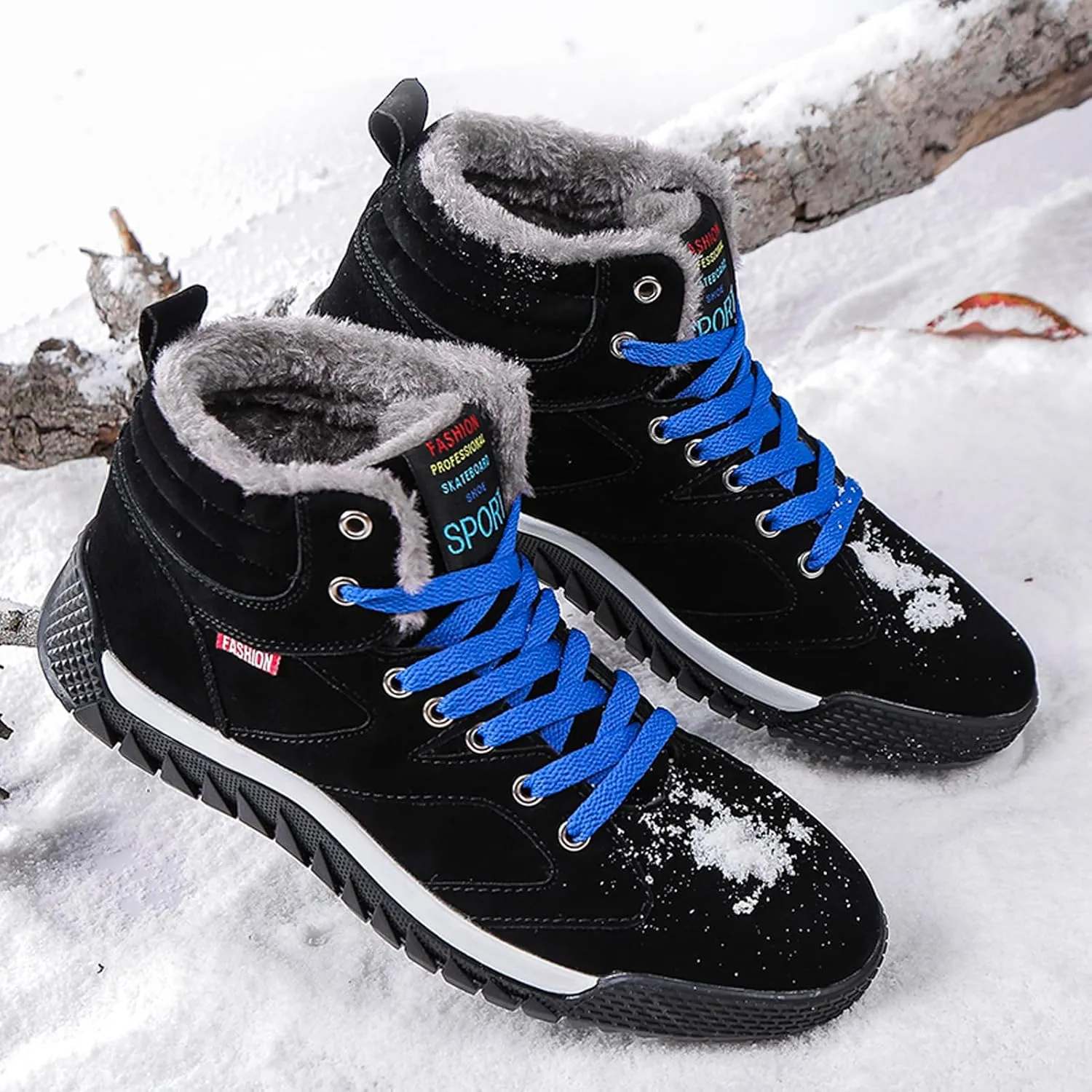 CERYTHRINA Men's Leather Snow Boots Waterproof Fur Lined Lace Up Ankle Sneakers High Top Winter Shoes
