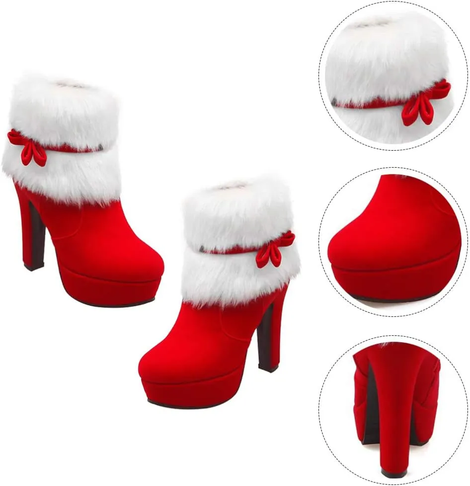 Christmas Ankle Boots Winter High Heel Platform Boot Plush Zipper Ankle Shoes Women Winter Short Boot with Bow Decor